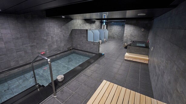 Une piscine intérieure moderne avec une terrasse en bois, un espace vestiaire et un sauna.