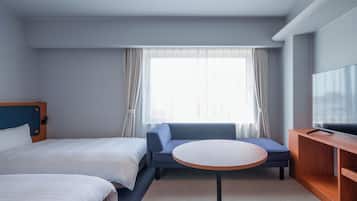 Desk, laptop workspace, blackout curtains, free WiFi