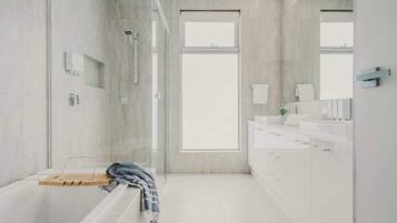 Shower, hair dryer, towels, shampoo