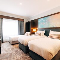 Una habitación de hotel con dos camas, un ventanal con cortinas, un cuadro en la pared y piso alfombrado.