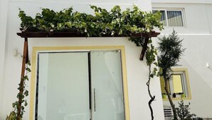 A modern building with a white facade, large sliding glass doors, and a pergola with greenery. - Arlene (Santorini)