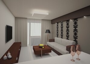 Un salon moderne comprenant un canapé, une table basse, un téléviseur et des panneaux décoratifs muraux.