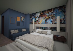 Een moderne slaapkamer met een groot bed, een blauwe bank en een kleurrijk abstract schilderij aan de muur.