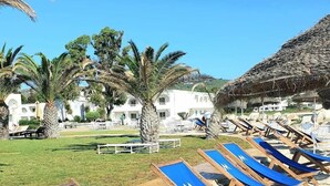 A beachside resort with rows of wooden lounge chairs with blue cushions, palm trees, and white buildings in the background.