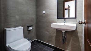 A bathroom with a toilet, sink, and mirror.