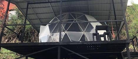A metal structure with a geometric glass facade, surrounded by vegetation.