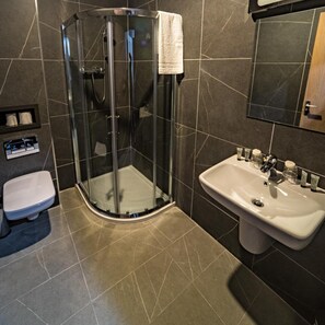 A bathroom with a glass-enclosed shower, a white toilet, a sink with toiletries, and a mirror. - THE Boutique (Limerick)