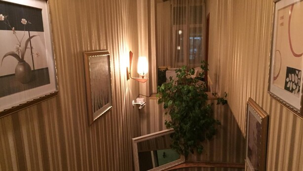A narrow hallway with striped wallpaper, a framed picture on the left, a wall-mounted light fixture, and a potted plant. - Chipilakoff (Burgas)