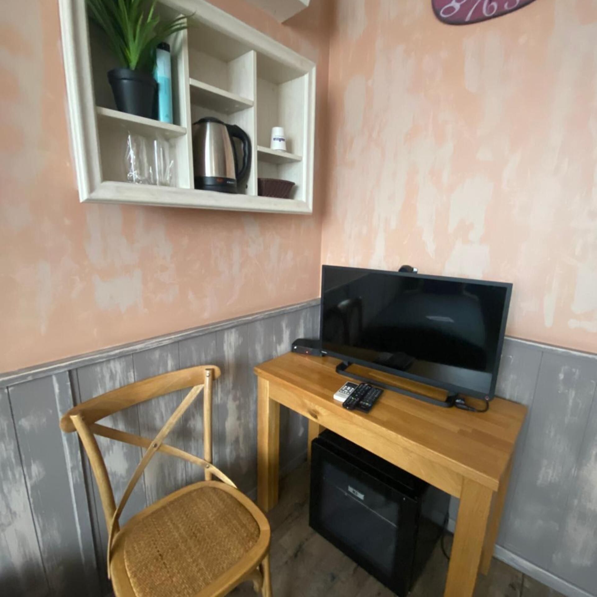 Una habitación pequeña con televisión, una silla de madera, una estantería con una planta y un hervidor.