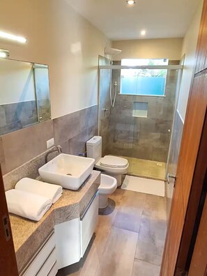 Hair dryer, bidet, towels, soap