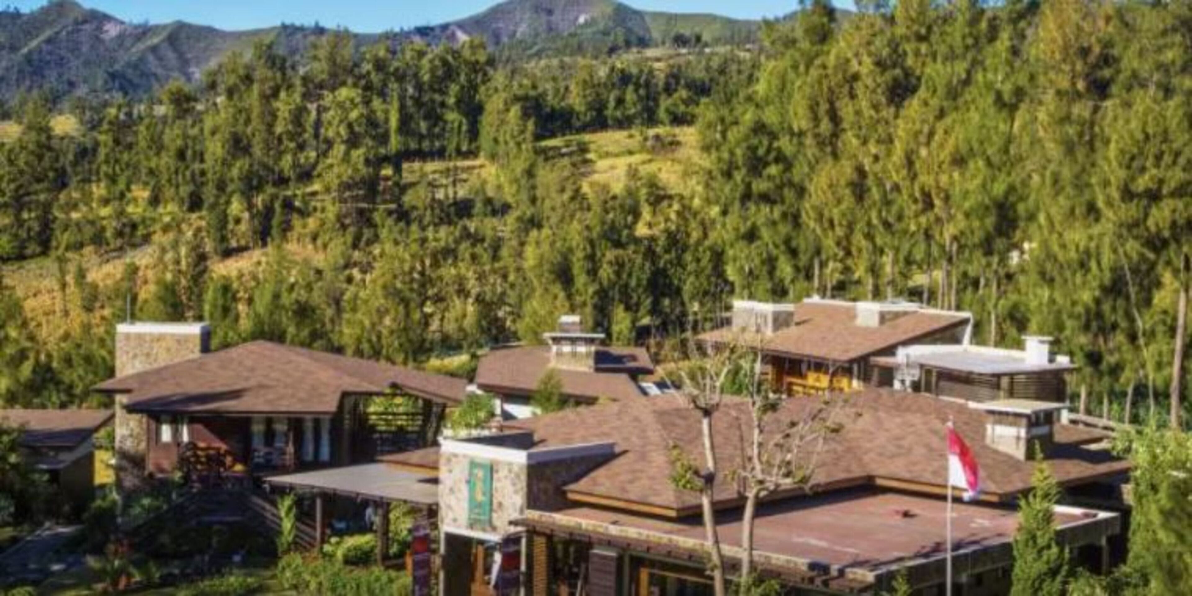 A residential area with multiple houses, surrounded by dense forest and mountains.