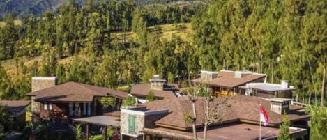 A residential area with multiple houses, surrounded by dense forest and mountains.