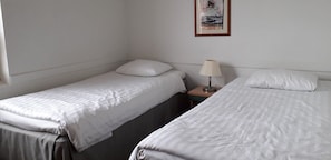 Hotellihuone, jossa on kaksi erillistä sänkyä, yöpöytä lampun kanssa ja seinällä oleva kehystetty kuva.