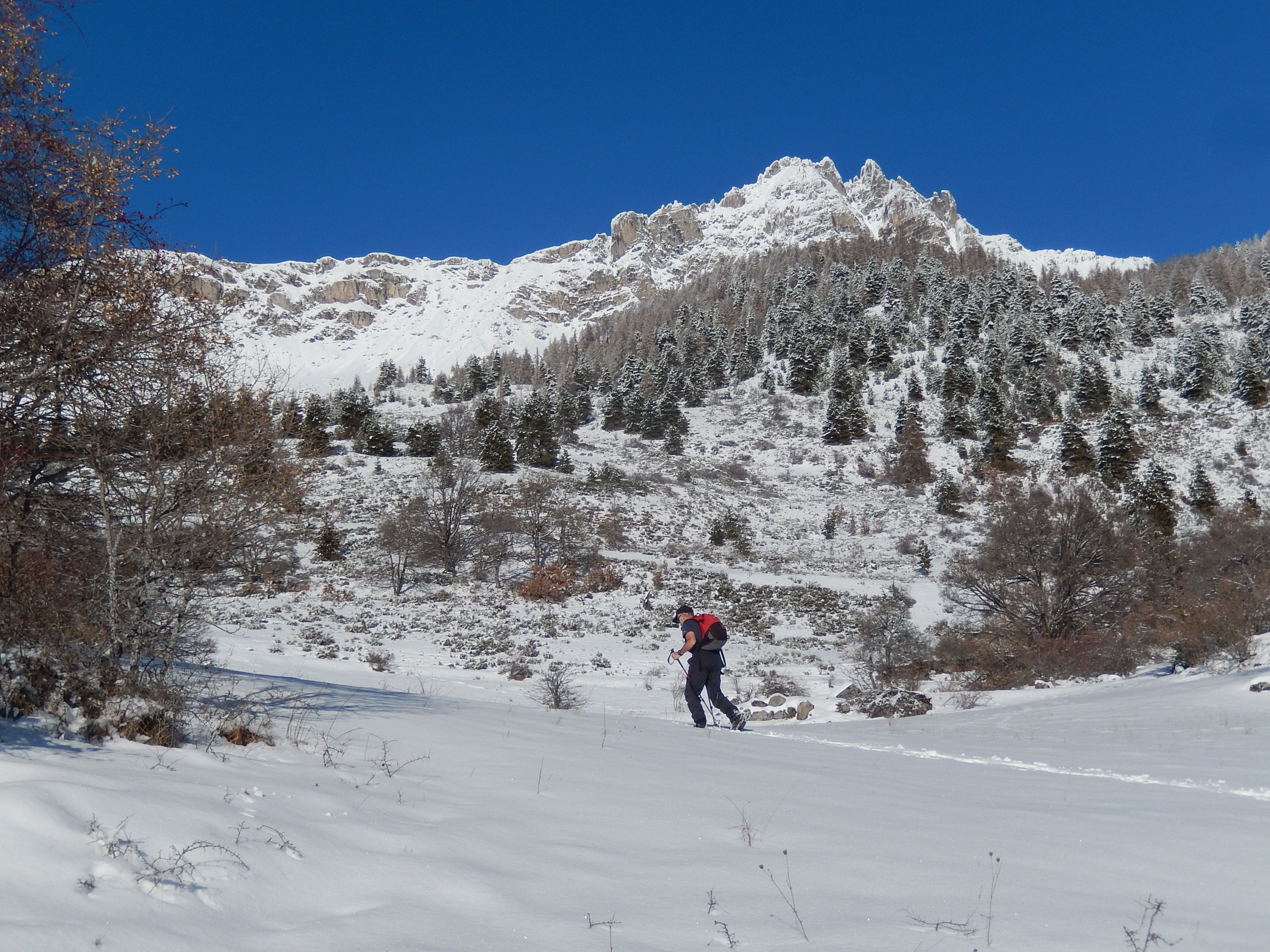 A snowy landscape with a person hiking, mountains in the background, and sparse vegetation.