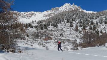 A snowy landscape with a person hiking, mountains in the background, and sparse vegetation.