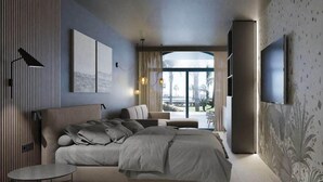 Quarto moderno com uma cama grande, uma TV e vista para o exterior.