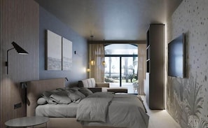 Quarto moderno com uma cama grande, uma TV e vista para o exterior.