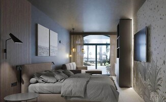 Quarto moderno com uma cama grande, uma TV e vista para o exterior.
