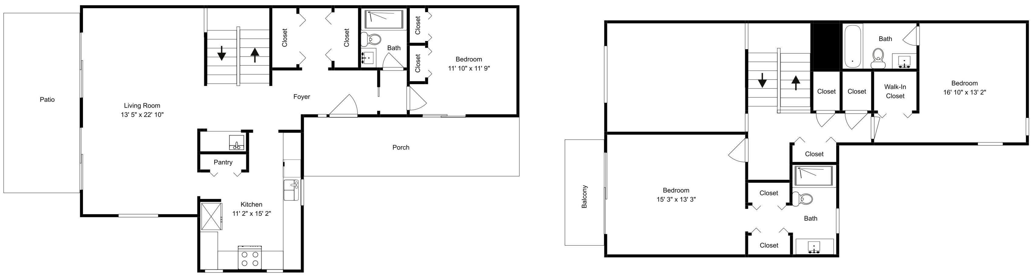 Een plattegrond van een huis met een terras, woonkamer, keuken, twee slaapkamers, een badkamer en een balkon.