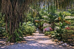 A tropical garden pathway leading to a building with a thatched roof. - Sloth House | Jungle Retreat w/ Pool in Nosara (Nosara)