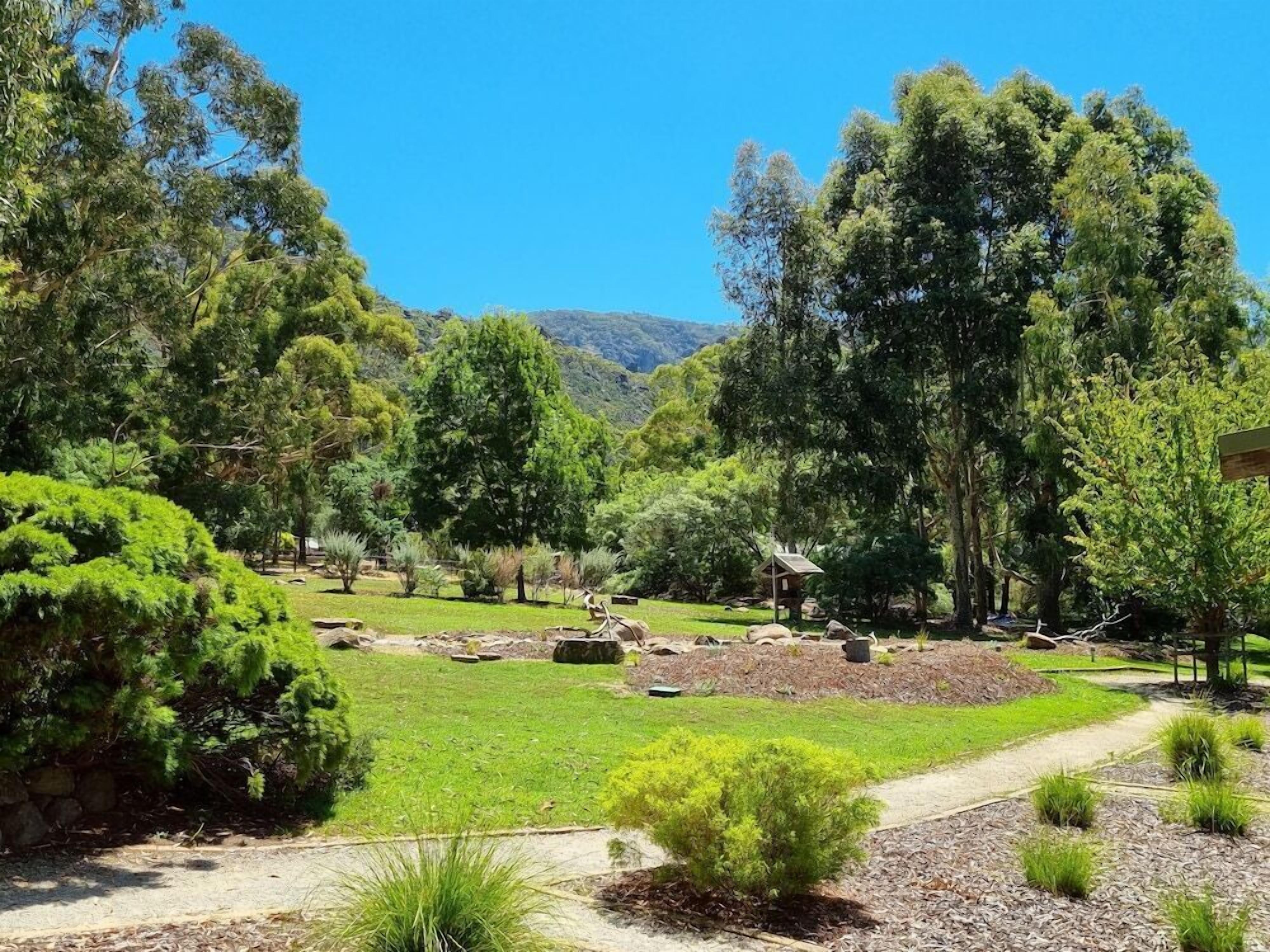 A landscaped garden with various trees, a small pond, and a pathway.