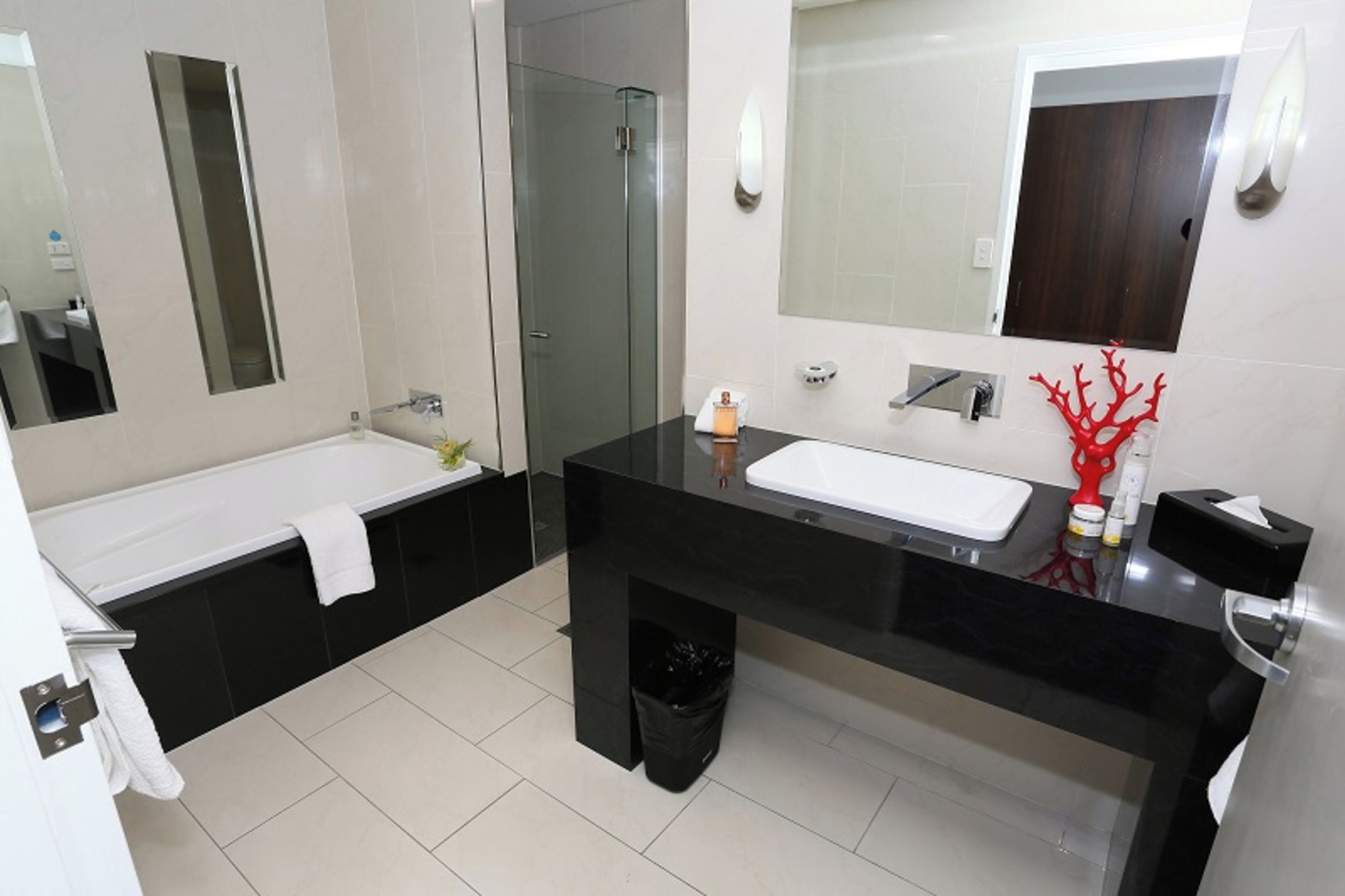 Un baño moderno con encimera negra, lavabo blanco y cabina de ducha con mampara de vidrio.