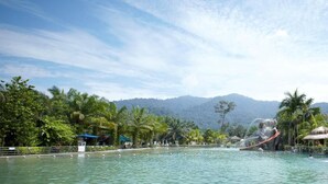 A swimming pool with a water slide, surrounded by palm trees and a mountain backdrop. - Felda Residence Hot Springs (Ipoh)