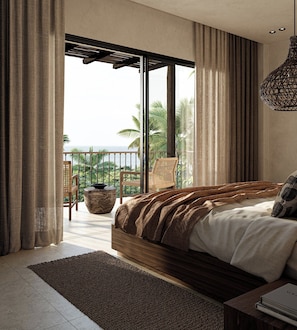 A bedroom with a large bed, a view of the ocean, and a balcony with outdoor furniture. - Aldiana Club Costa del Sol (La Línea de la Concepción)