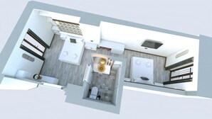 Plano de planta en 3D de una habitación de hotel con cama, zona de estar con mesa y sillas, baño y un balcón pequeño.