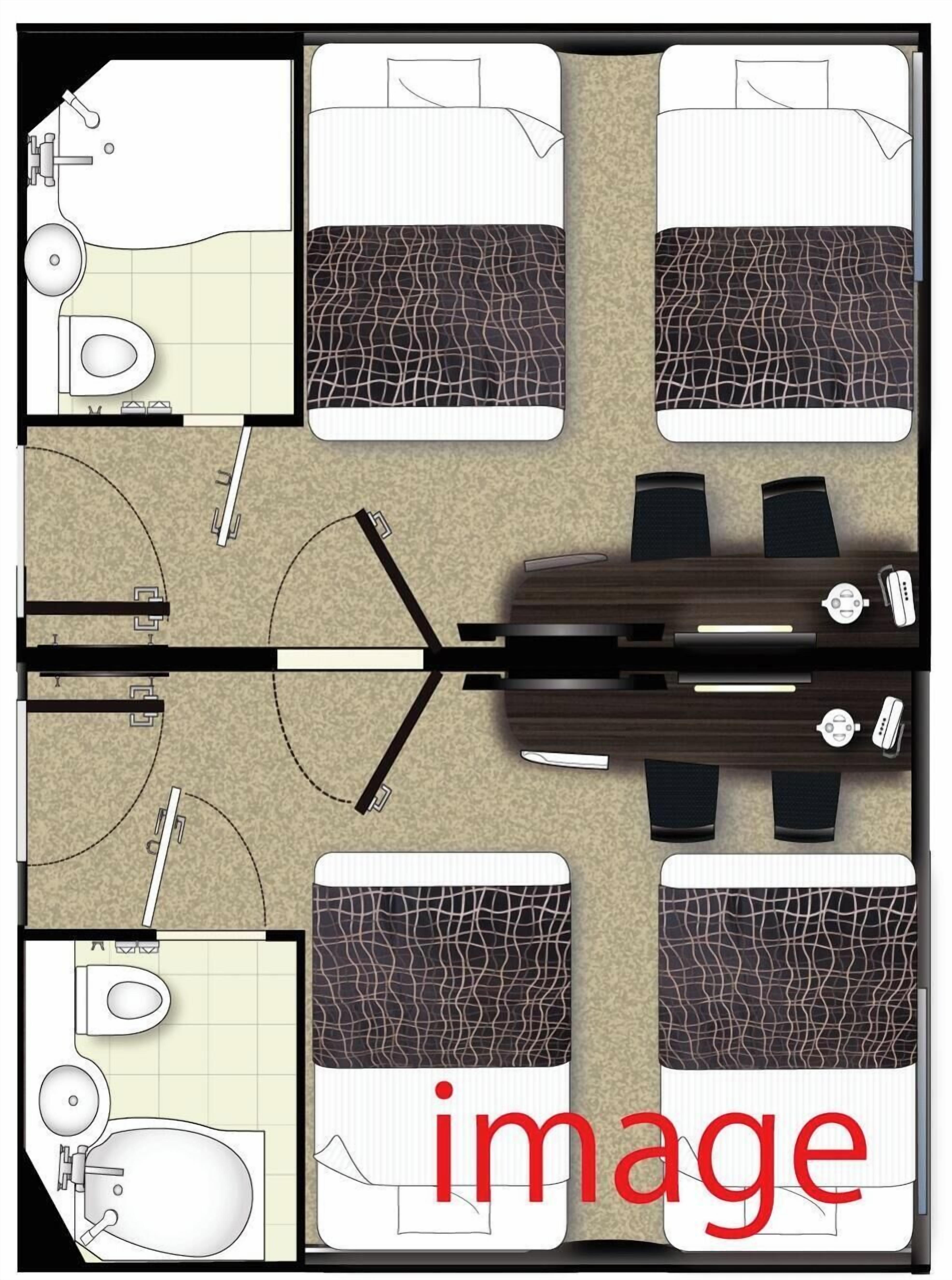 Un plan d’une chambre d’hôtel comprenant un lit, deux tables de chevet, un bureau, une chaise, une salle de bain et une vue sur la rue.