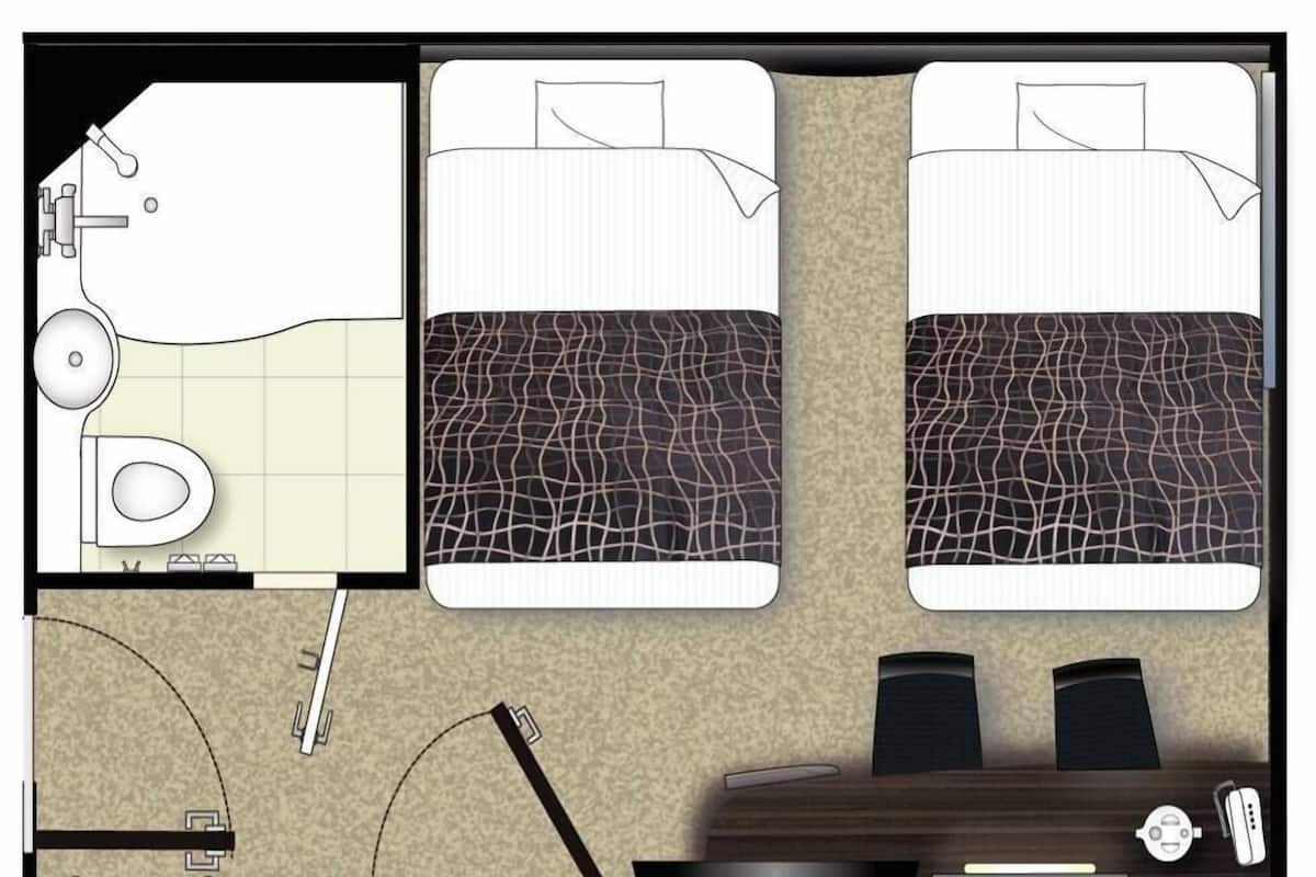 Un plan d’une chambre d’hôtel comprenant un lit, deux tables de chevet, un bureau, une chaise, une salle de bain et une vue sur la rue.