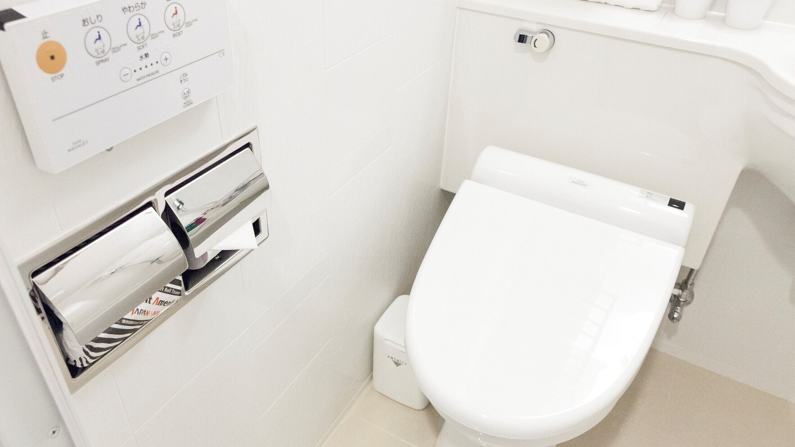 Eine moderne Toilette mit Spülknopf und Toilettenpapierhalter.