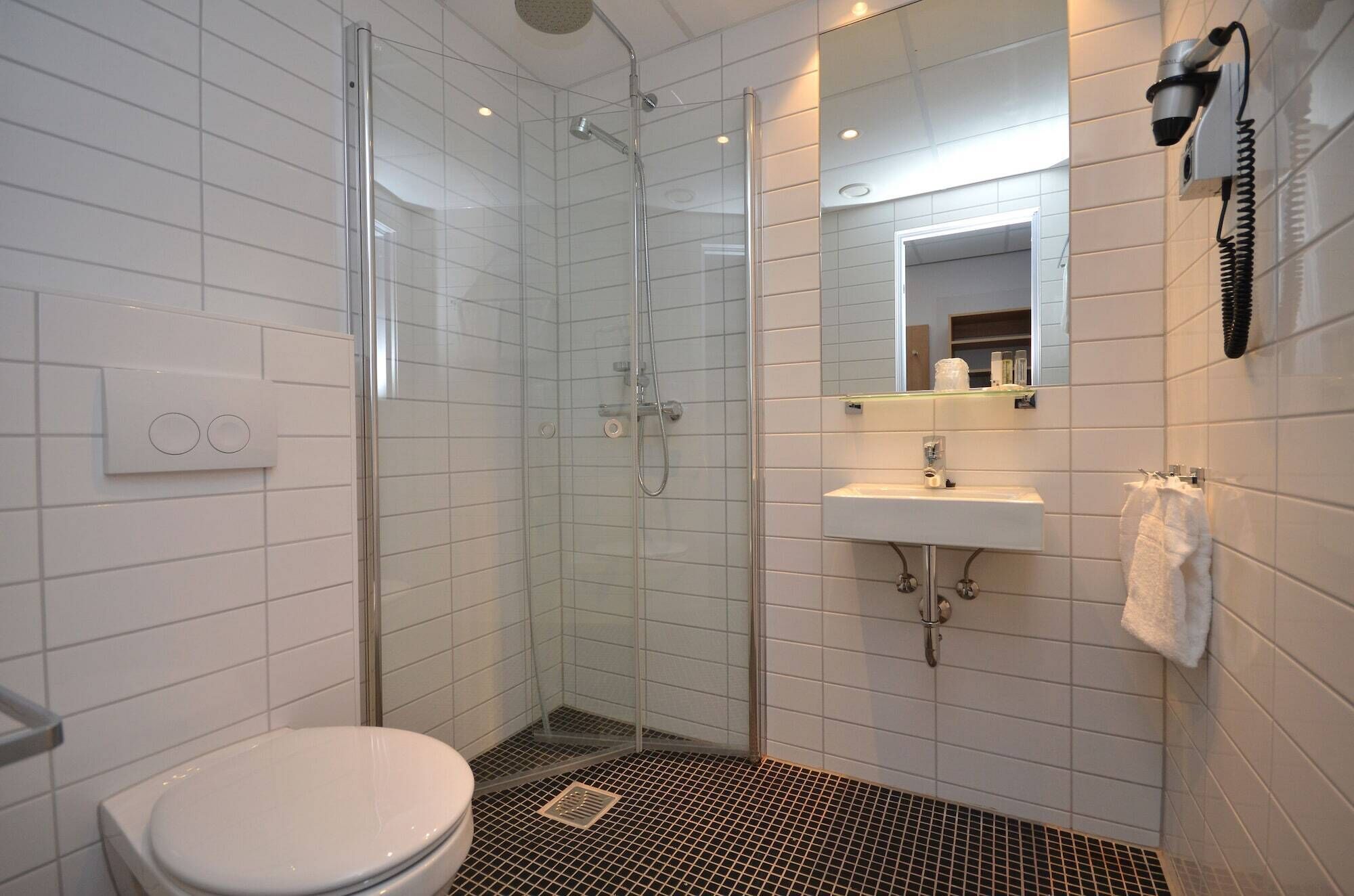 Un bagno con doccia vetrata, un water bianco, un lavandino e uno specchio.