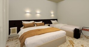A hotel room with two beds, a large window, and a radiator. - Citotel Leopol (Lorient)