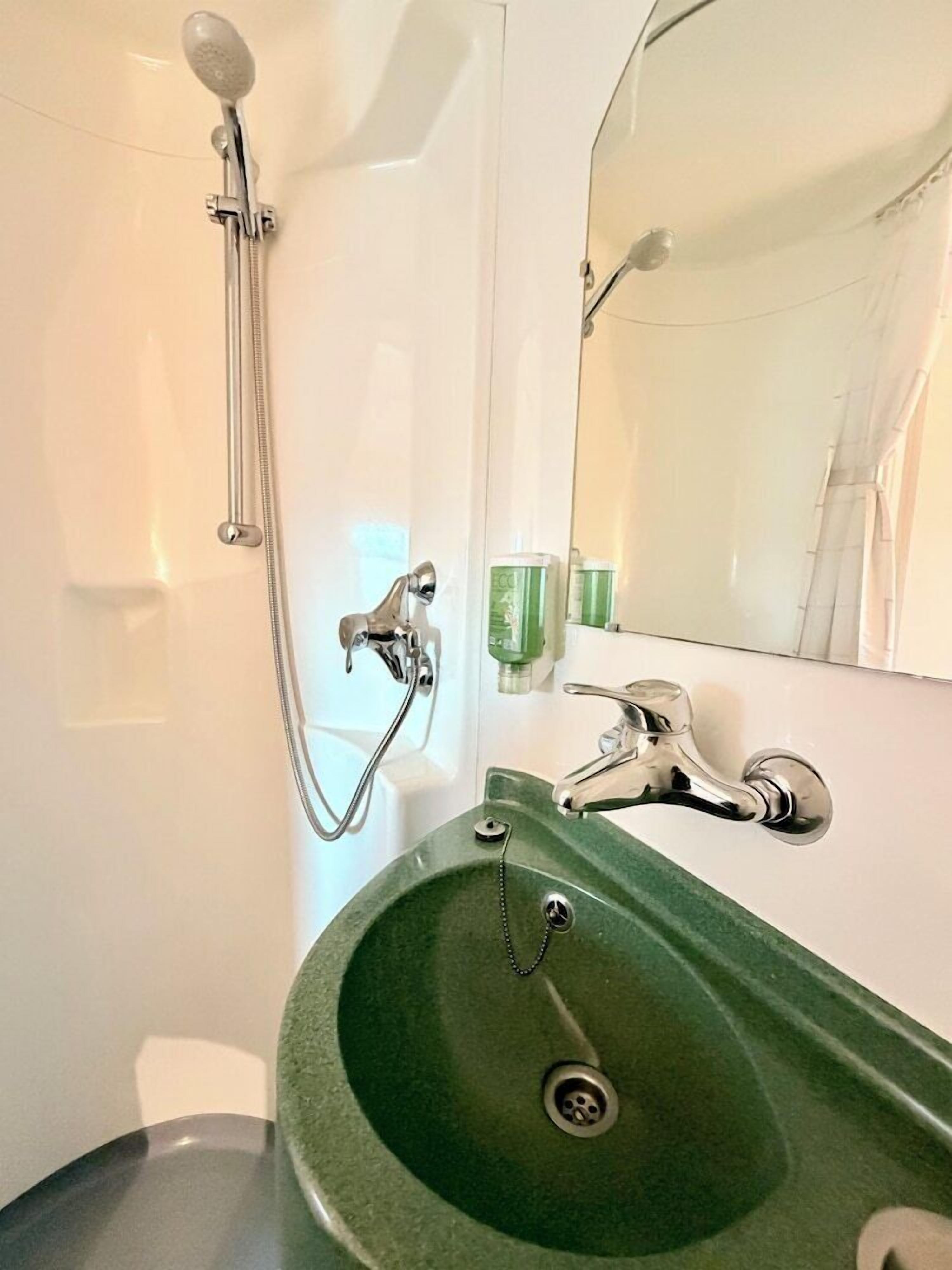 Une salle de bain avec un lavabo vert, une douchette à main, un miroir et un porte-serviettes.