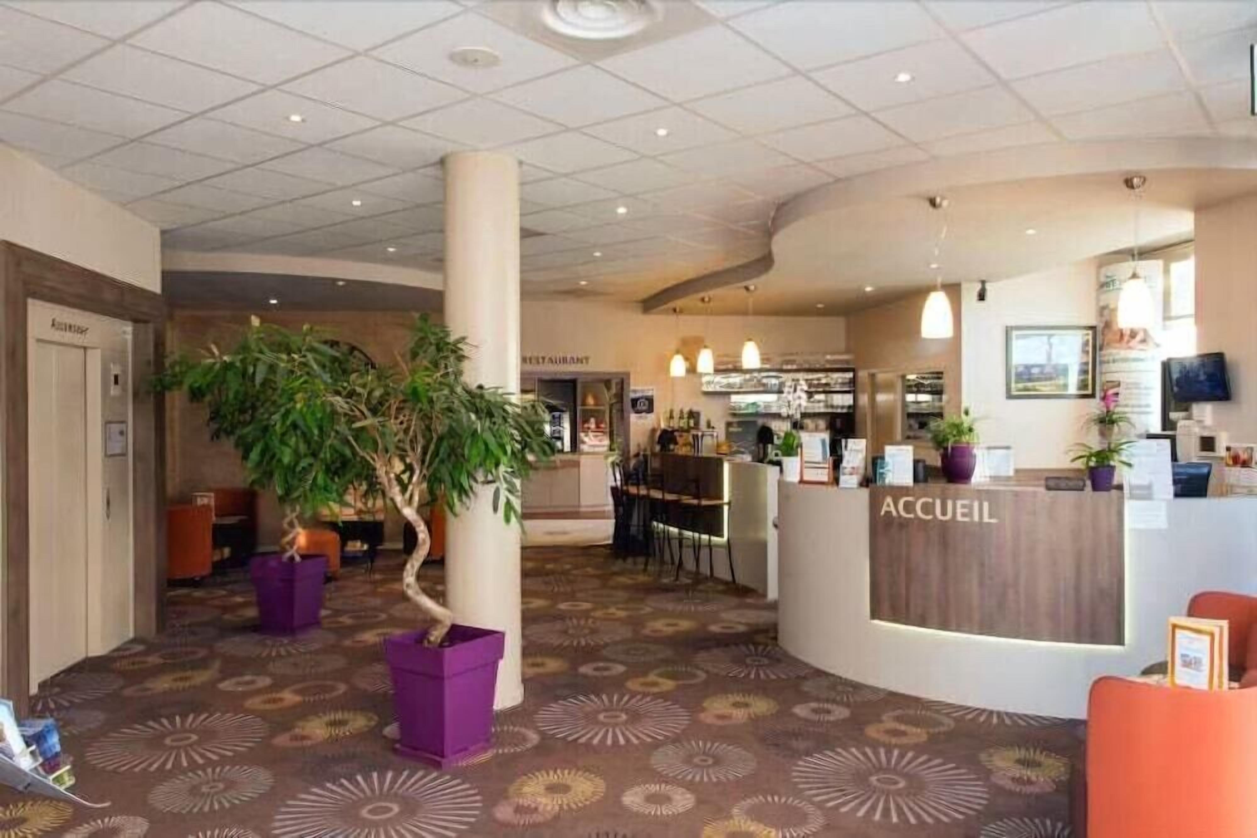 Un área de recepción de hotel con un mostrador, una planta grande en maceta y una alfombra estampada.