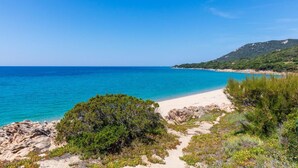 Paesaggio costiero con mare azzurro e spiaggia sabbiosa, e un sentiero che conduce all'acqua.