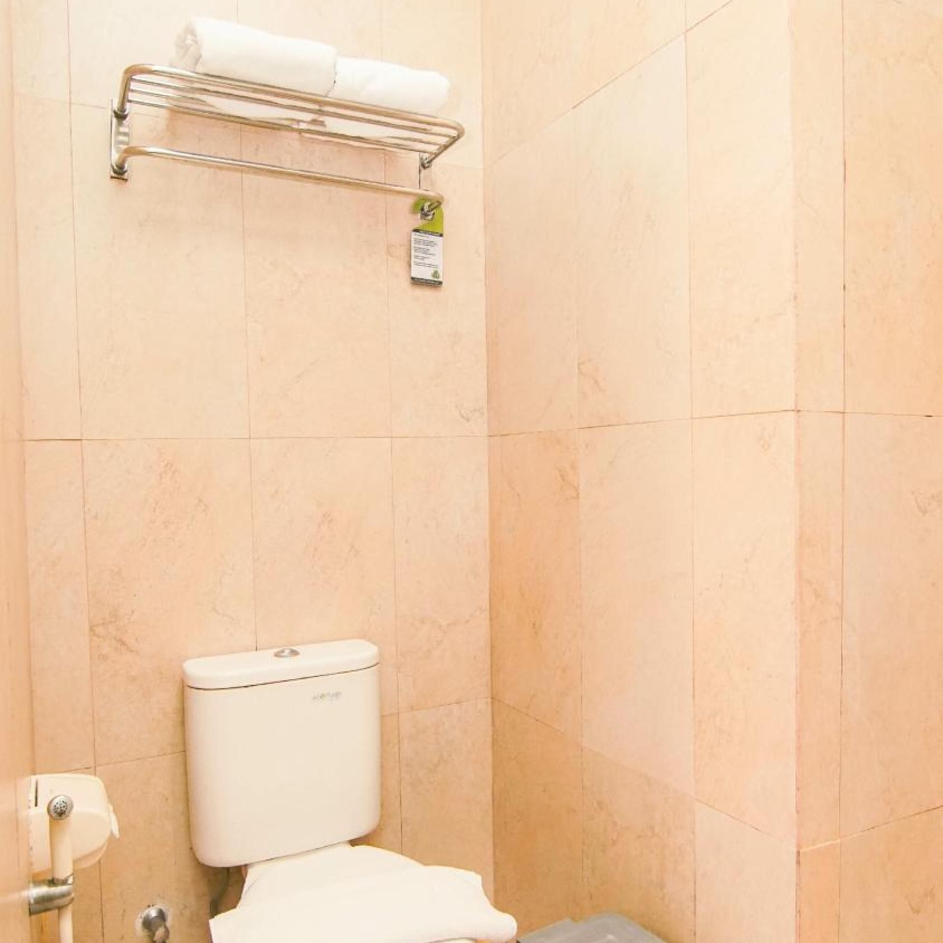 A bathroom with a toilet, a towel rack, and a wall-mounted toilet paper holder.