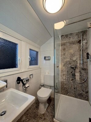 A modern bathroom with a glass-enclosed shower, a white toilet, and a sink with a mirror. - Seerose (Lindau)