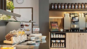 A breakfast buffet with various food items, a clock, and a coffee station. - Hotel Newton Heilbronn (Heilbronn)