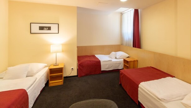 A hotel room with two beds, a bedside table with a lamp, a small shelf, and a framed picture on the wall. - Laterum Conference And Wellness (Pecs)