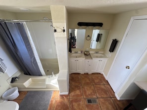Hair dryer, towels, soap, toilet paper