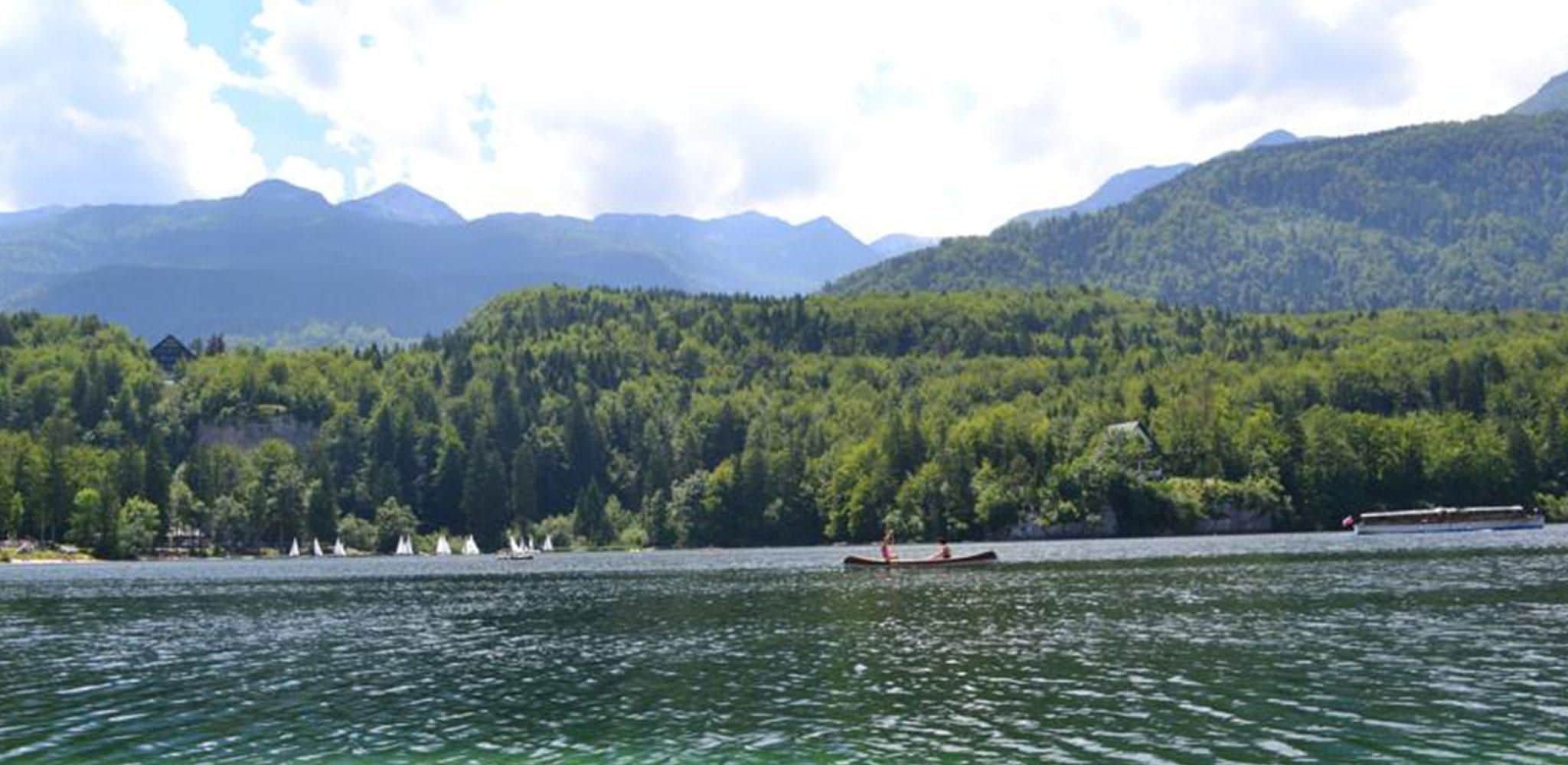 A lake with a forested mountain backdrop, a boat, and sailboats on the water.