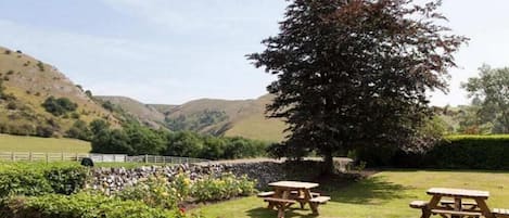 A picnic area with tables and a large tree, surrounded by hills and a stone wall.