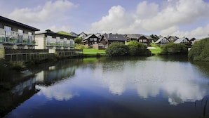 Zona residencial a orillas de un lago con casas modernas y tradicionales, un lago tranquilo y un cielo despejado.