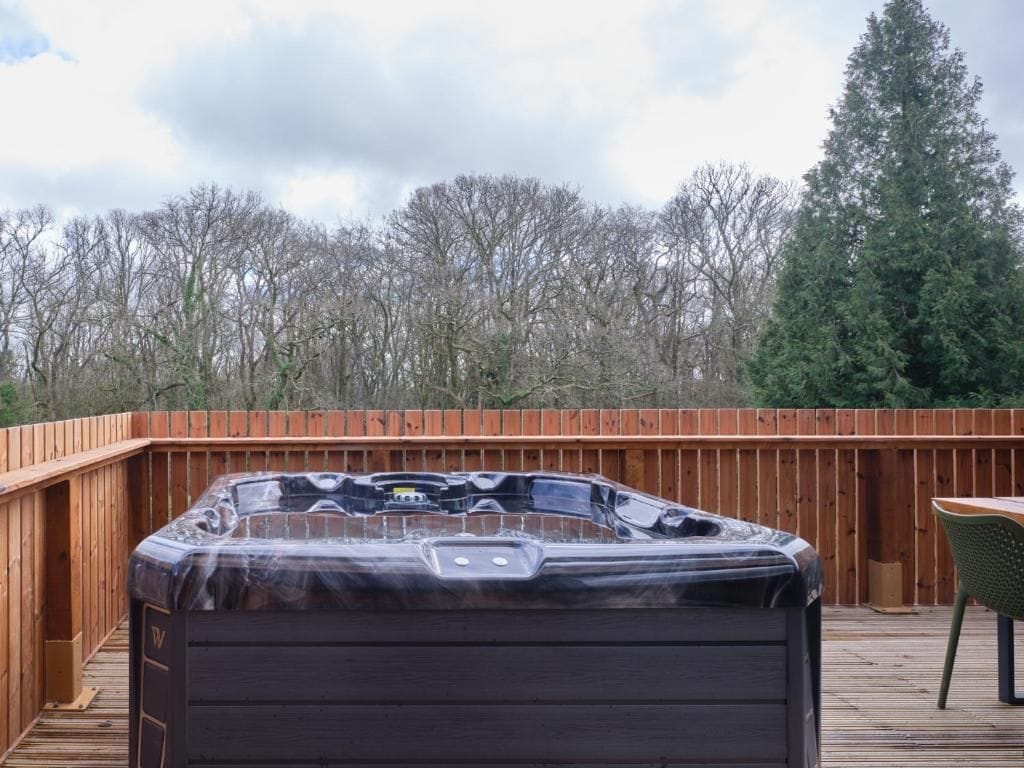 Un jacuzzi en una terraza de madera con vista a árboles sin hojas y un pino alto al fondo.