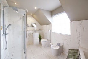 Une salle de bain moderne dotée d’une douche à parois de verre, d’un lavabo sur colonne et d’un bidet.