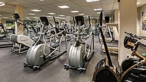 A gym with various exercise equipment including treadmills, elliptical machines, and weight machines. - Casablanca Winery Inn (Grimsby)