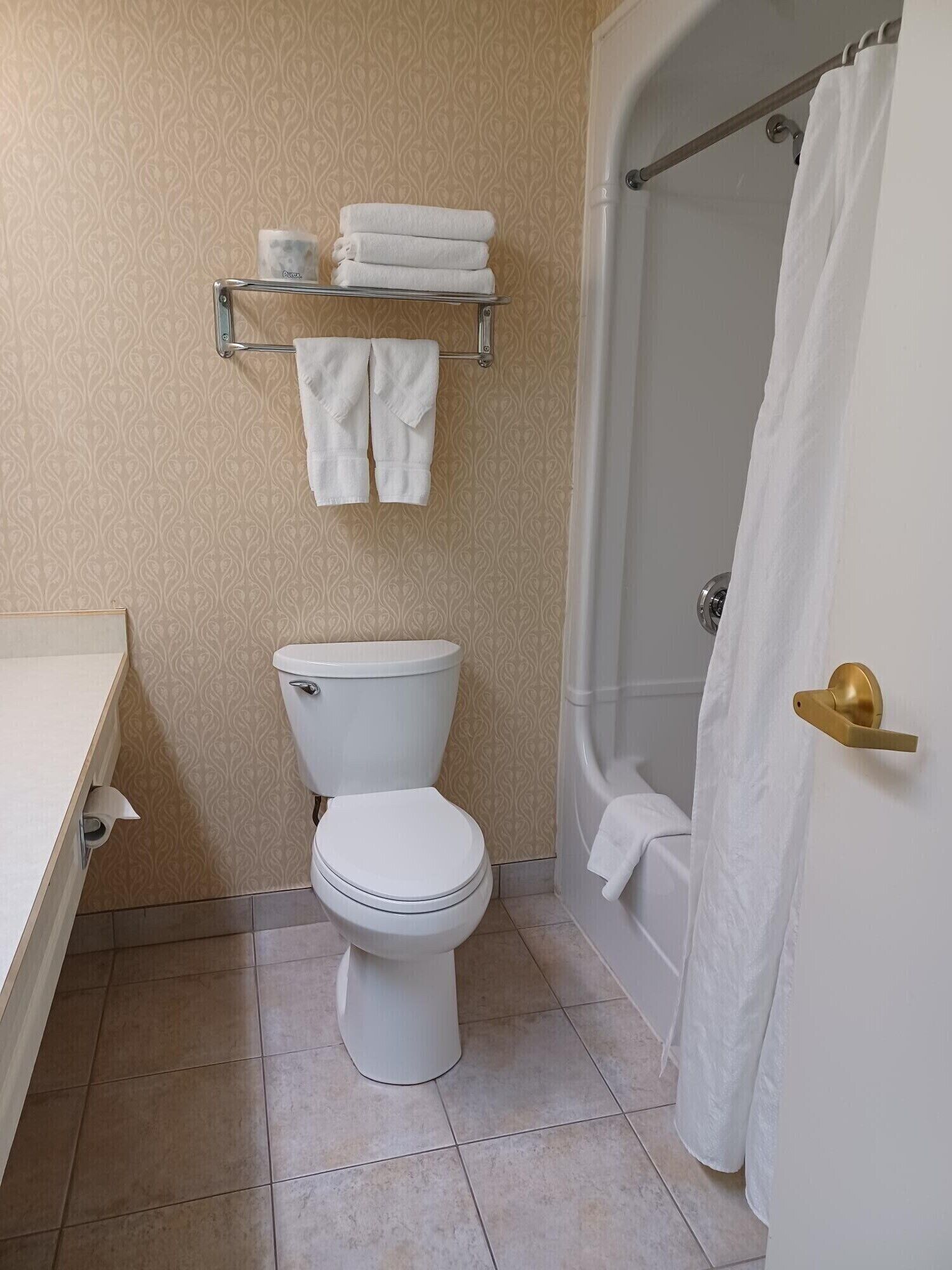 Une salle de bain avec des toilettes, une étagère avec des serviettes pliées et un rideau de douche.