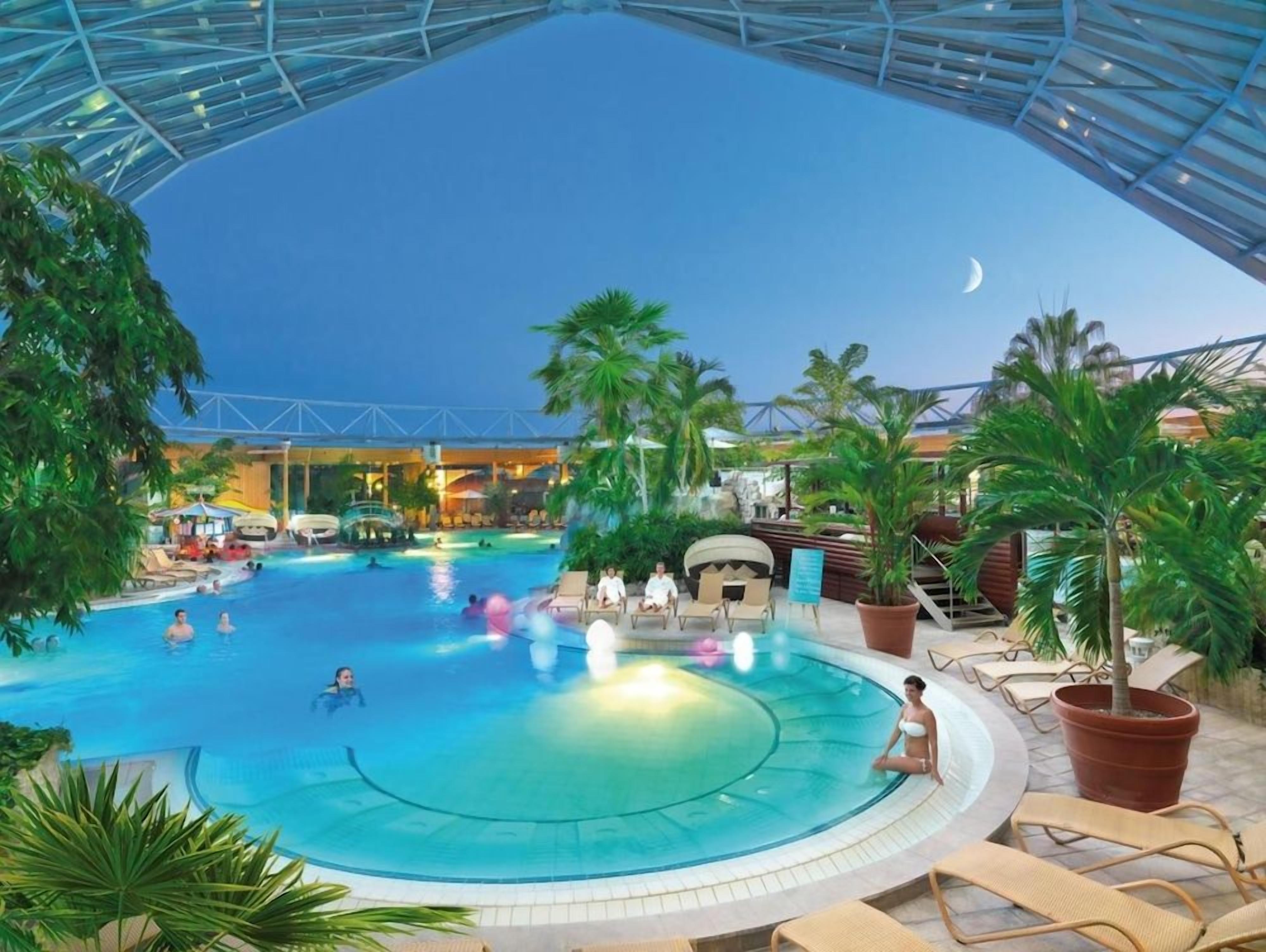 An indoor swimming pool with lounge chairs and palm trees.